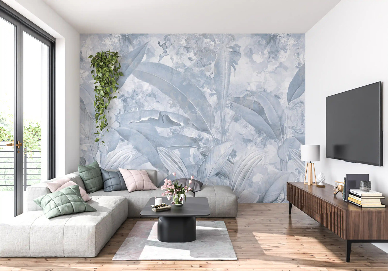 Misty Blue Tropical Palm Wall Mural