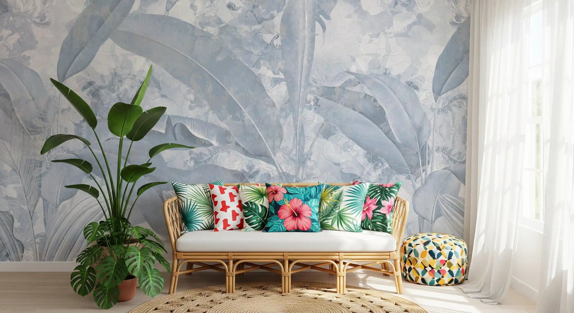 Hallway design using Misty Blue Tropical Palm wall mural in blue shades