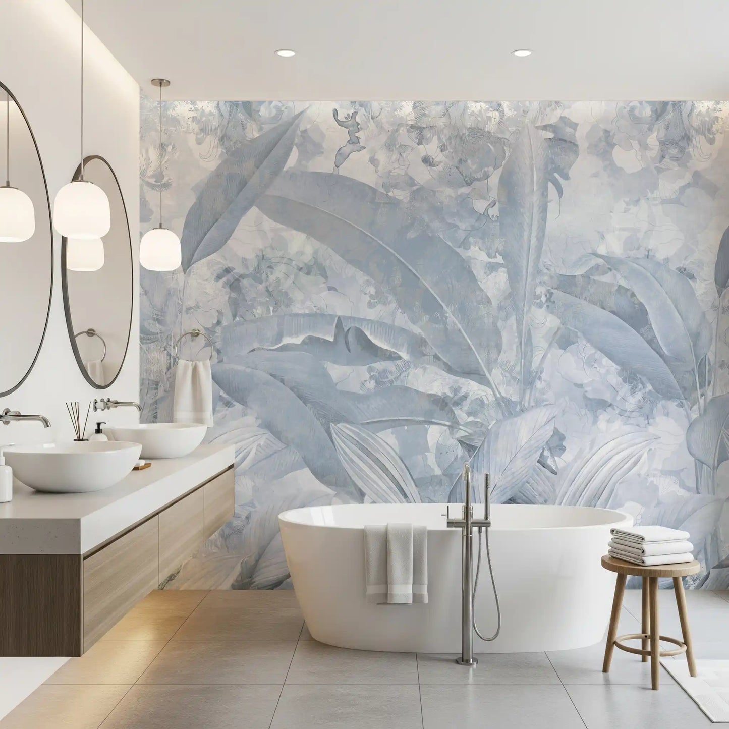Tropical leaf wall mural featuring Misty Blue Tropical Palm soft tones
