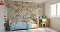 Bedroom wall featuring Golden Orchard Bird wall mural with bird design