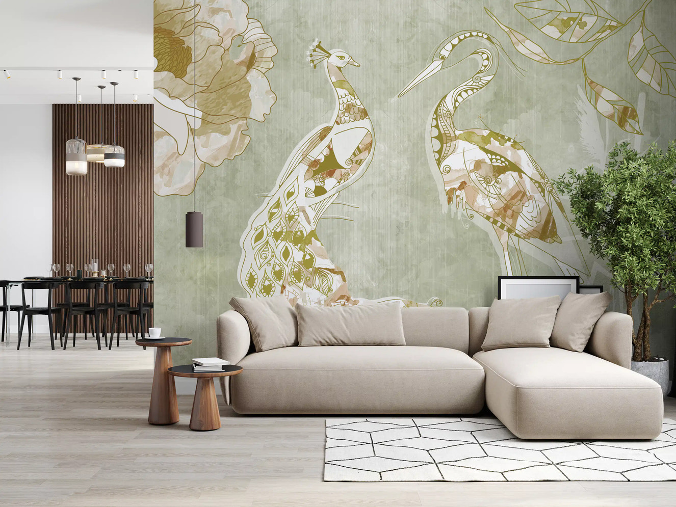 Living room styled with Emerald Green Peacock wall mural and bird design