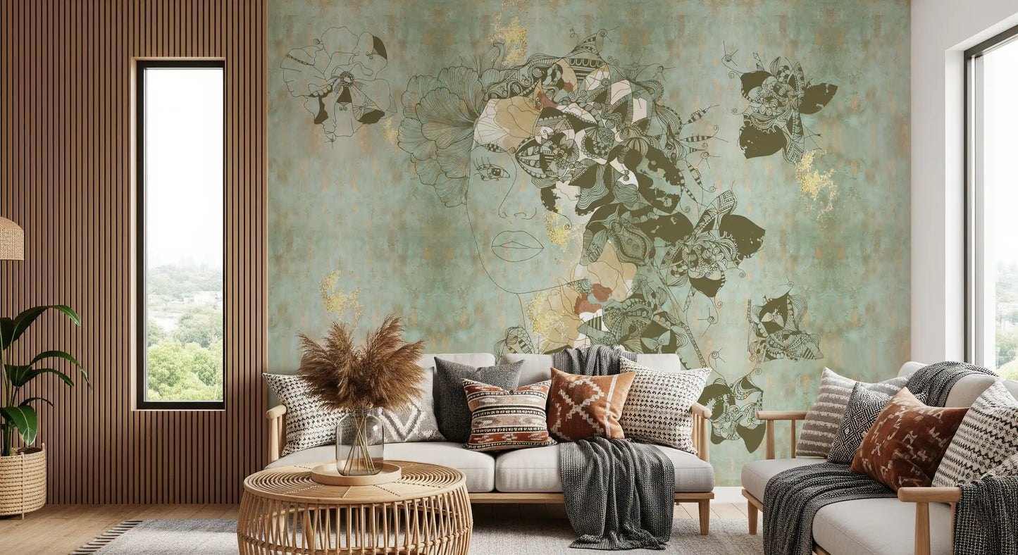 Living room setup with Vintage Blue Floral Woman Portrait wall mural