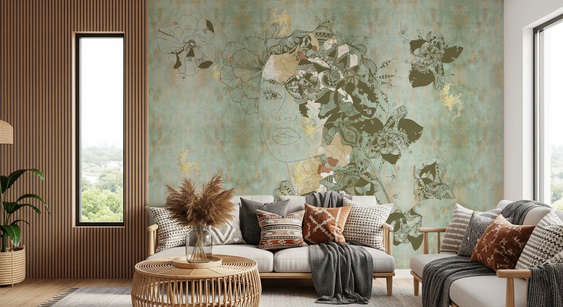 Living room setup with Vintage Blue Floral Woman Portrait wall mural