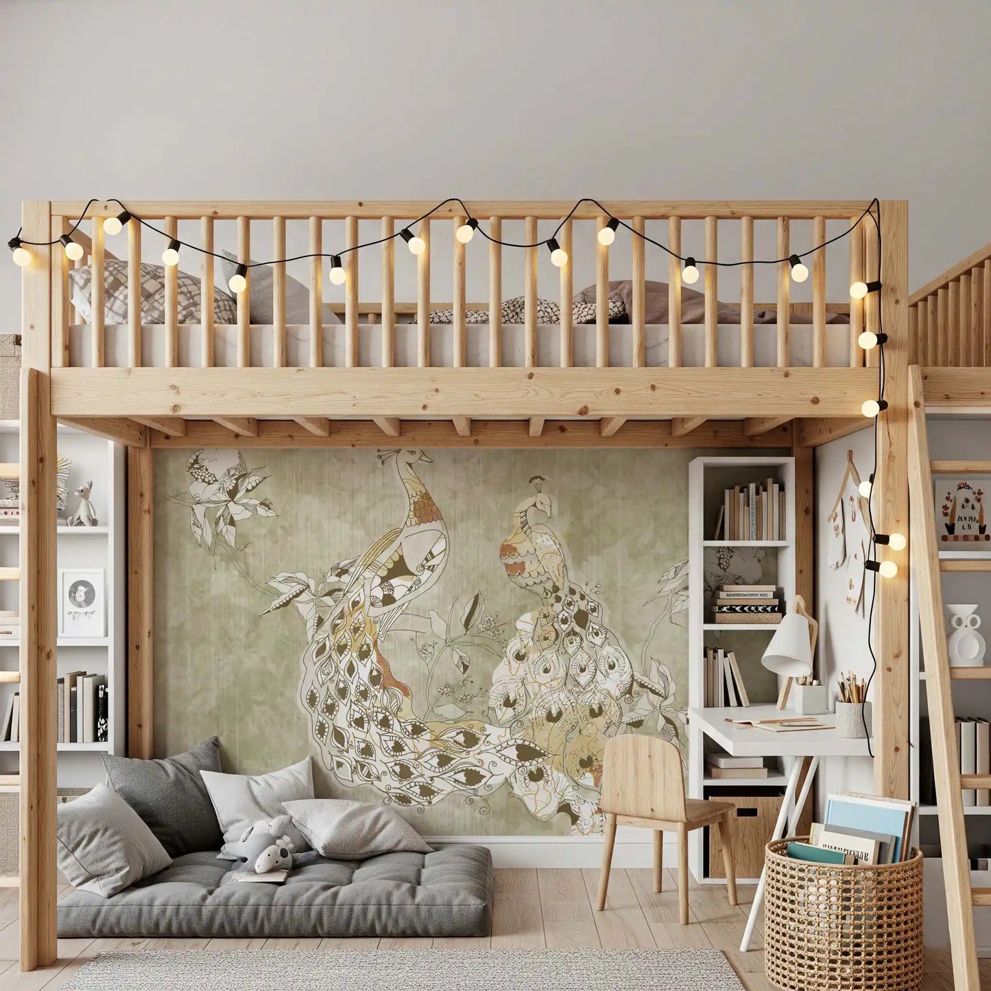 Bedroom wall featuring Ornate Vintage Bird wall mural with floral detail