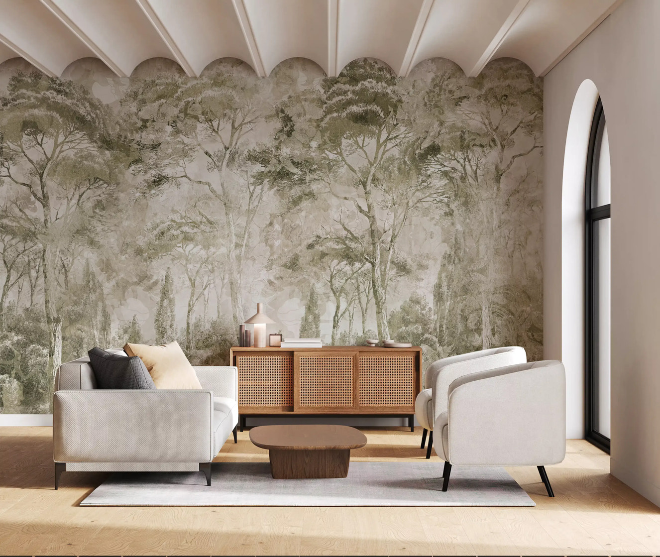 Sepia Pine Forest Landscape Wall Mural