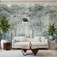 Misty Pine Forest Landscape wall mural showing dense tree layering