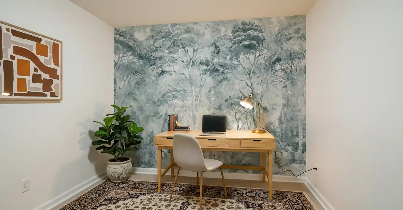 Nature forest wall mural featuring Misty Pine Forest Landscape soft design