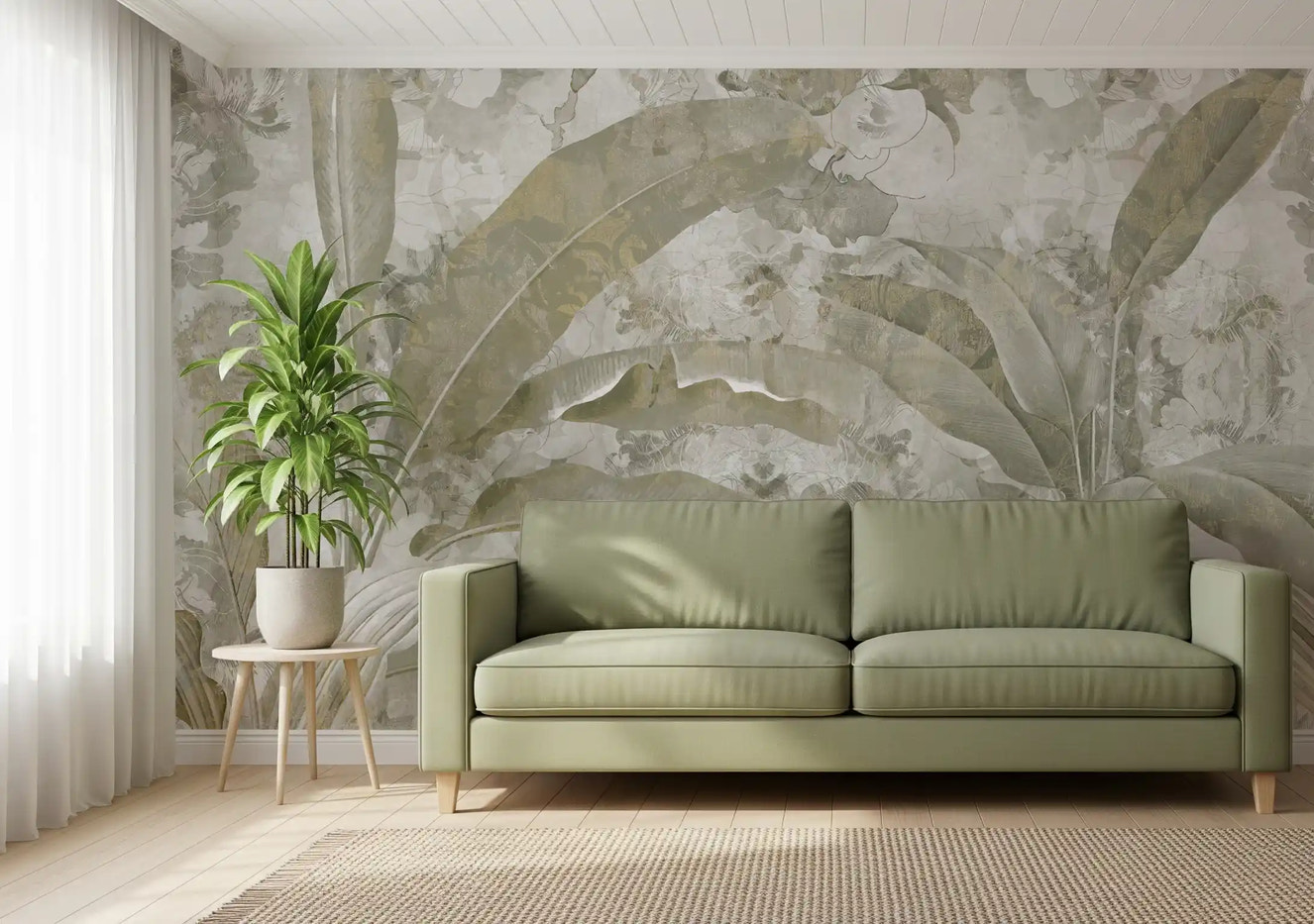 Sage Green Tropical Leaves Wall Mural