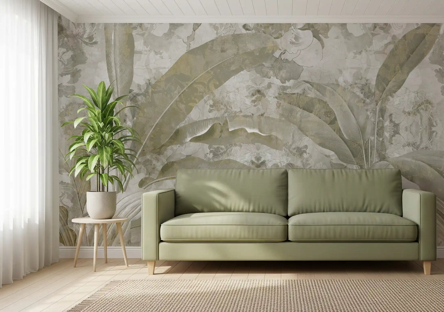 Hallway design using Sage Green Tropical Leaves wall mural in muted greens