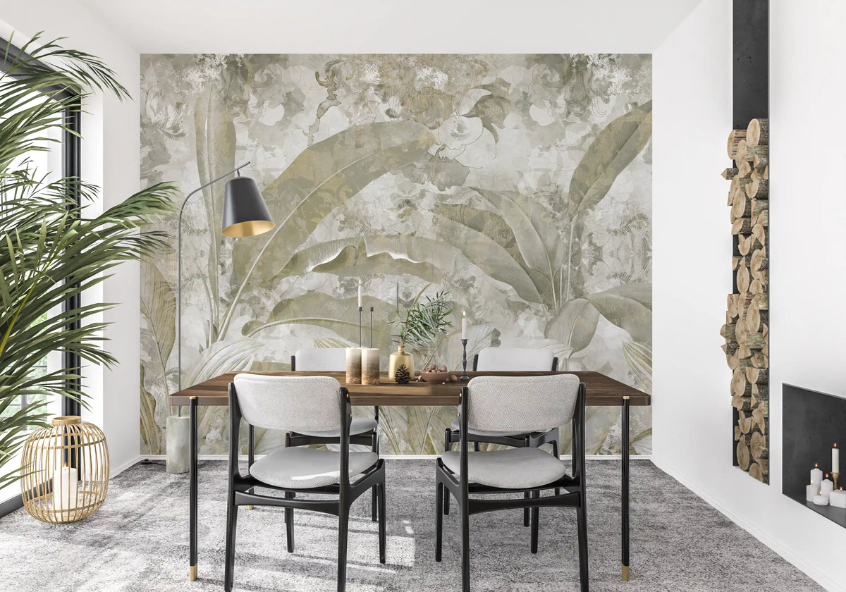 Botanical wall mural featuring Sage Green Tropical Leaves soft textures