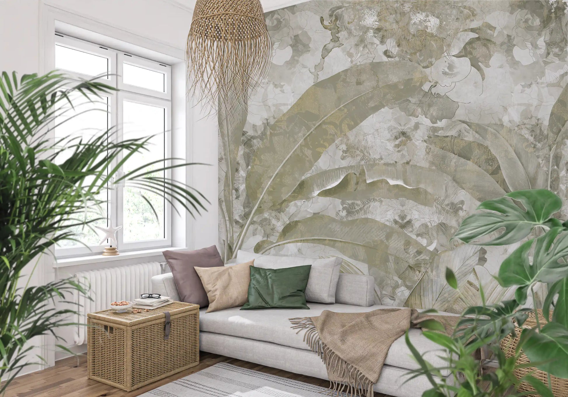 Sage Green Tropical Leaves wall mural showing soft leaf layering effect