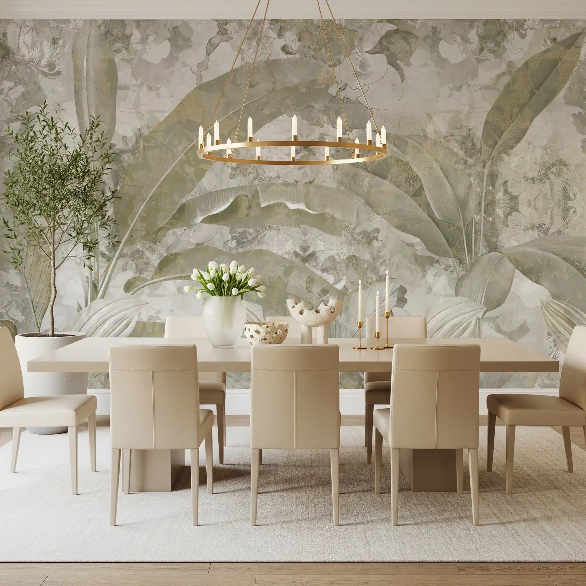 Dining room setup with Sage Green Tropical Leaves wall mural and textures
