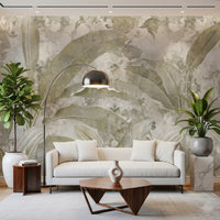 Tropical foliage wall mural with Sage Green Tropical Leaves subtle detailing