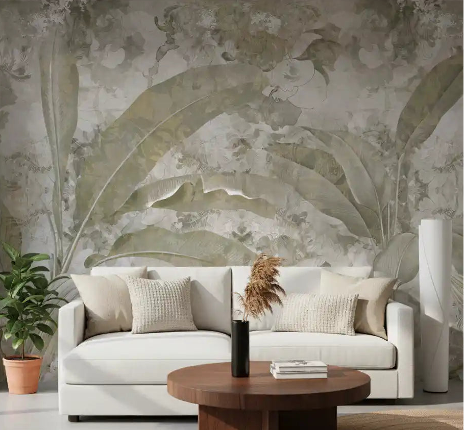 Sage Green Tropical Leaves wall mural with layered tropical foliage design