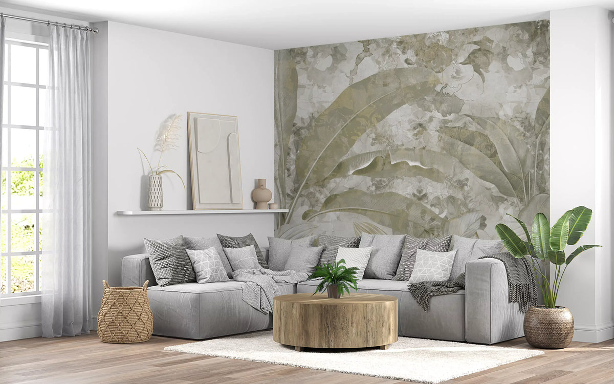 Sage Green Tropical Leaves Wall Mural – Calm Nature Style
