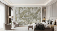Bedroom wall featuring Sage Green Tropical Leaves wall mural with foliage