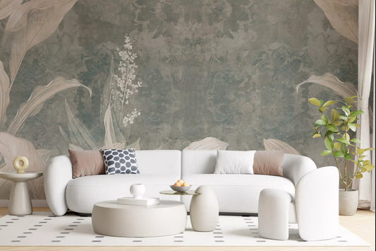 Hallway design using Misty Forest Landscape wall mural in muted forest hues