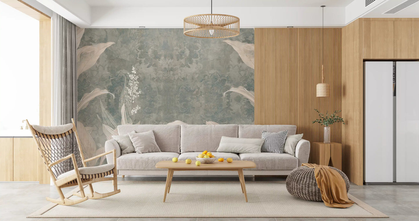 Misty Forest Landscape wall mural with layered botanical leaves and texture