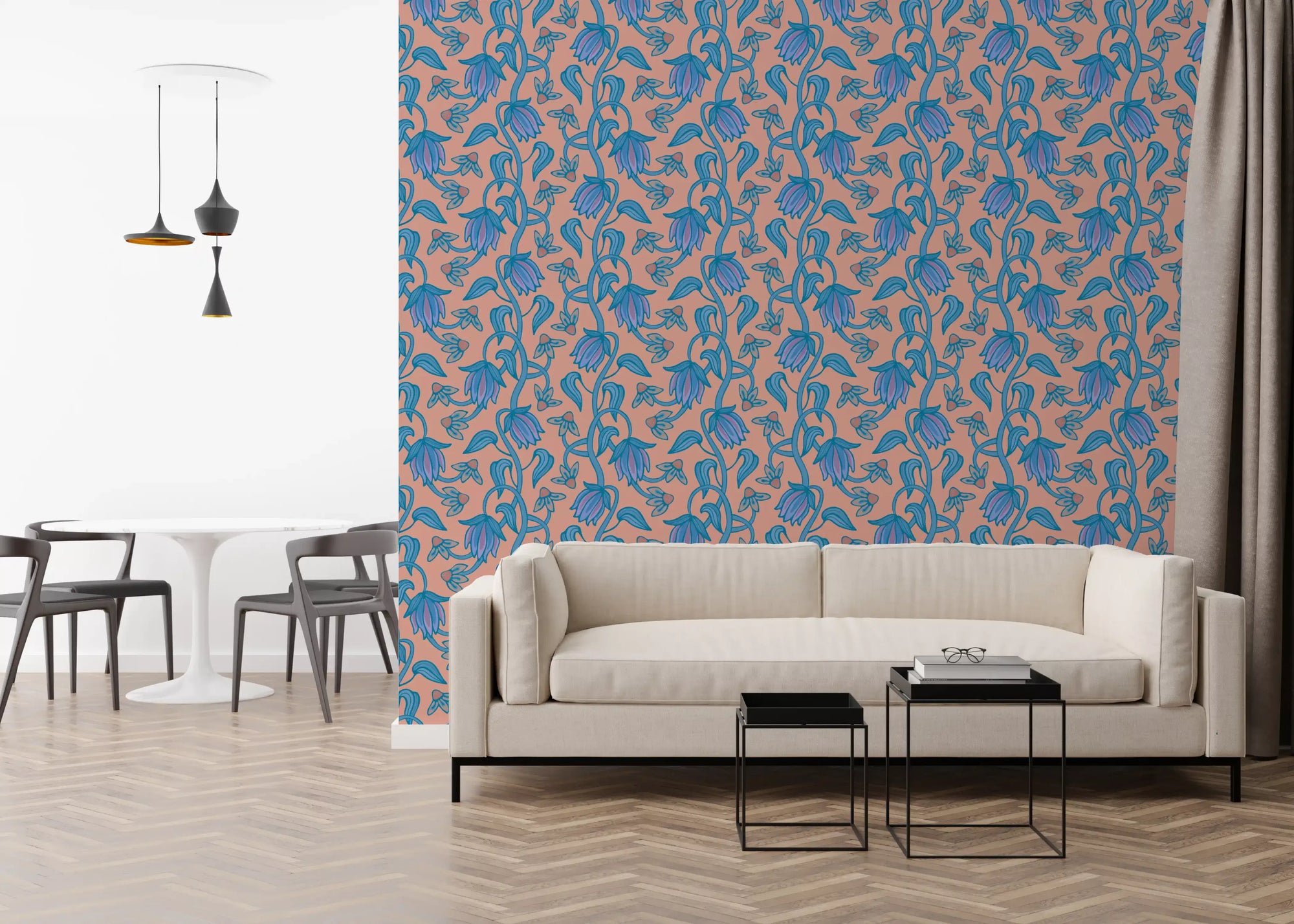 Living room styled with Ophelia Boho Blossoms wallpaper blue purple florals