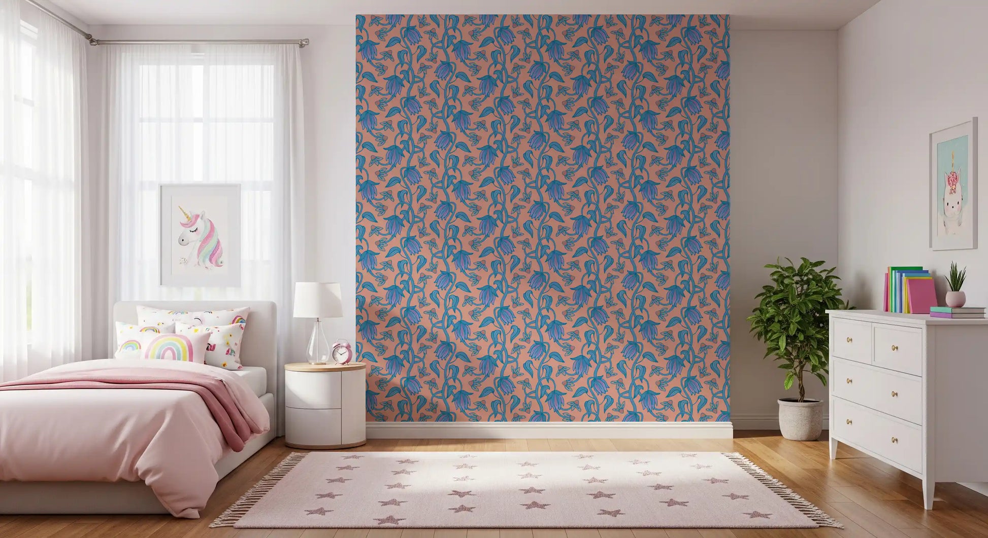 Girls room interior using Ophelia Boho Blossoms wallpaper blush base