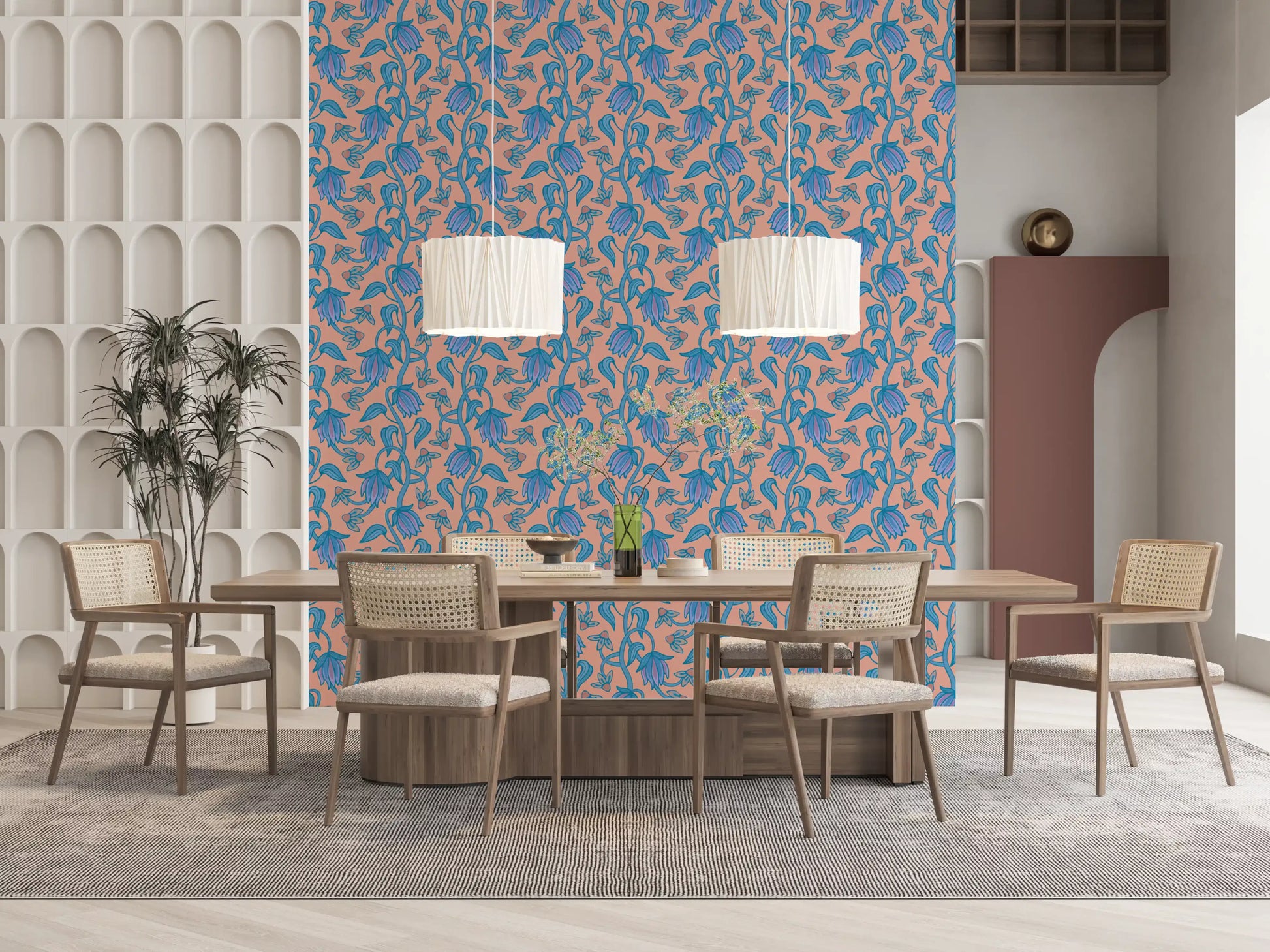 Floral pattern wallpaper showing Ophelia Boho Blossoms curved stems