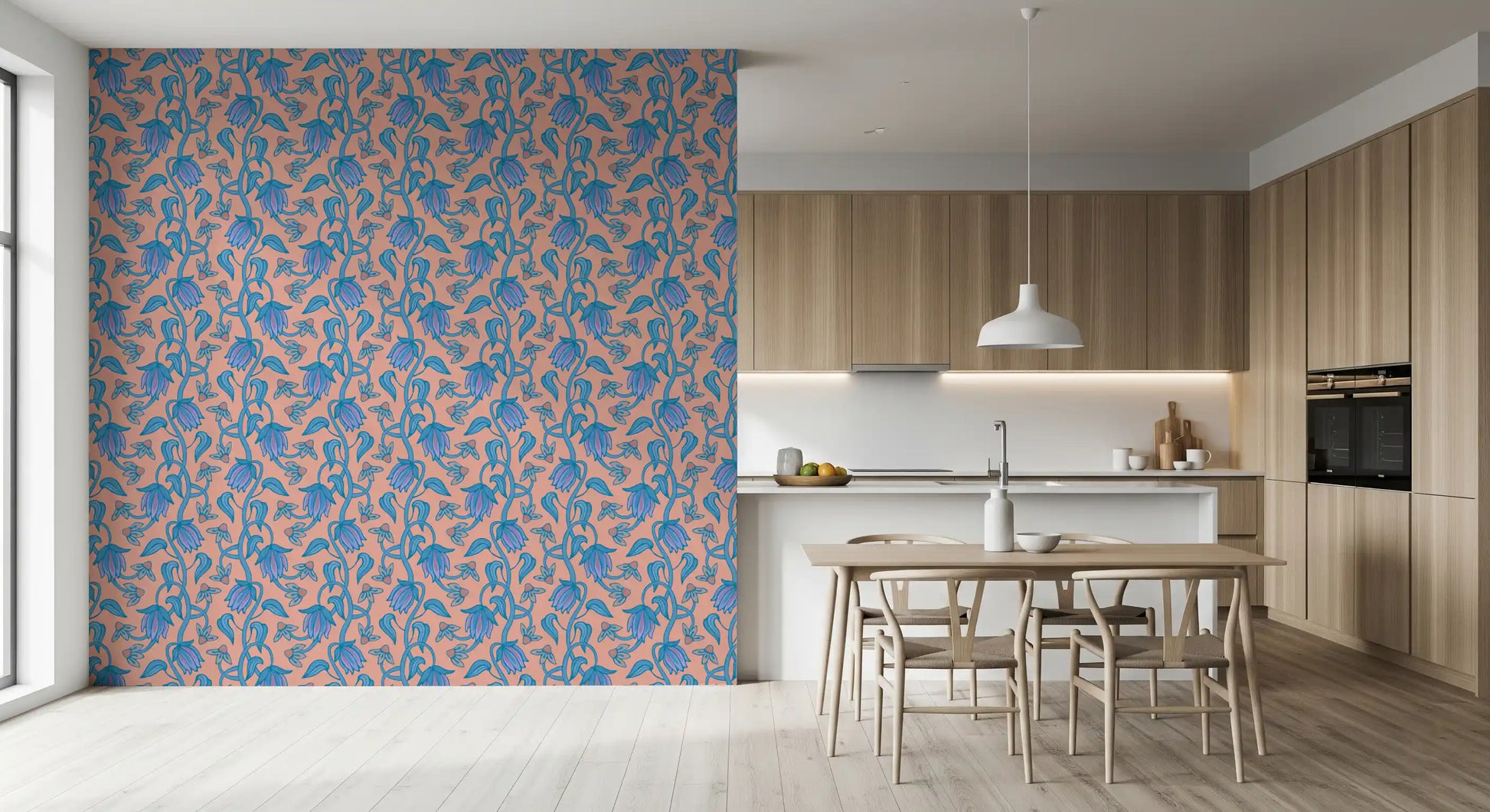 Decorative floral wallpaper with Ophelia Boho Blossoms flowing layout