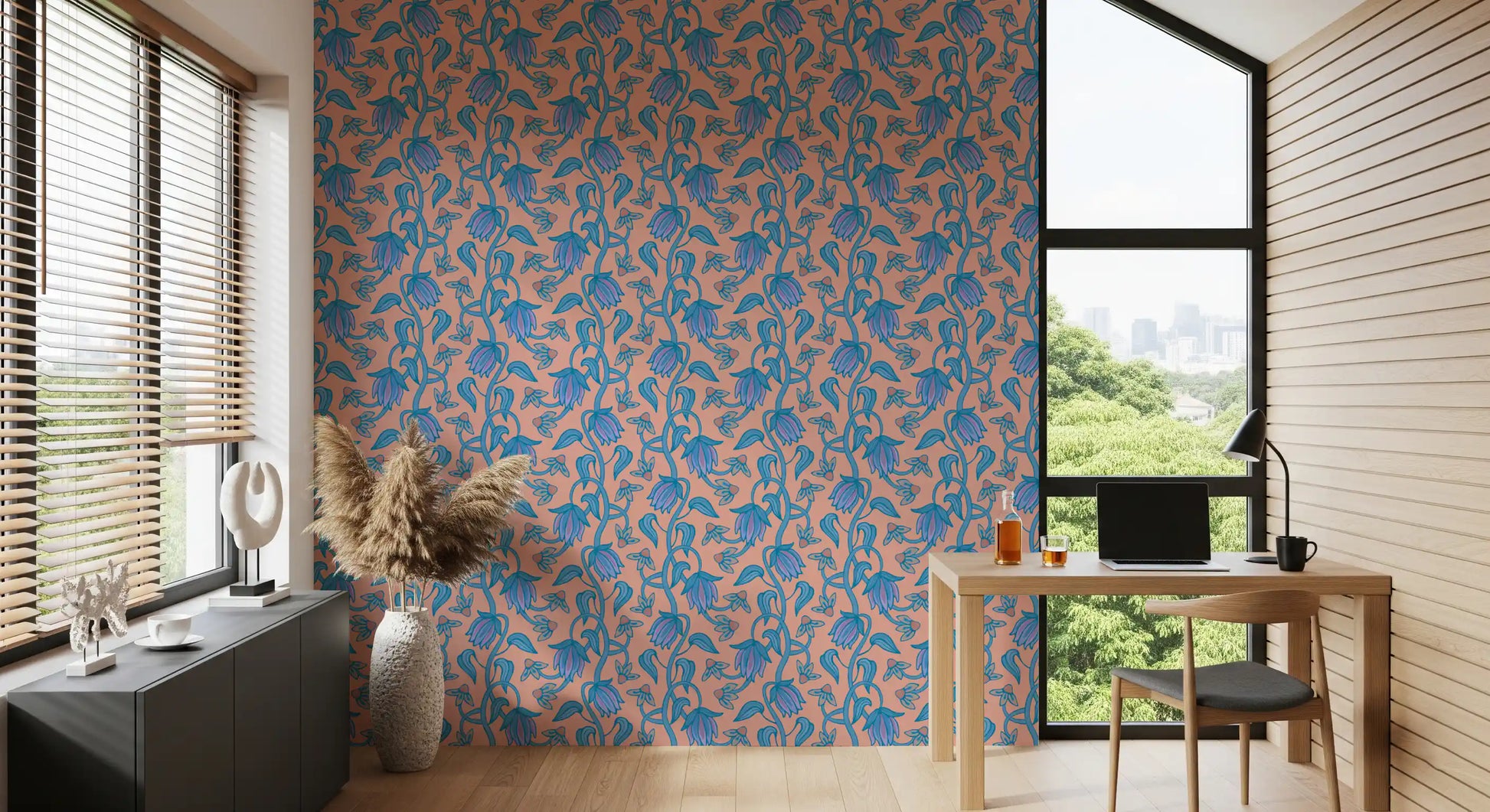 Creative office space featuring Ophelia Boho Blossoms wallpaper floral vines