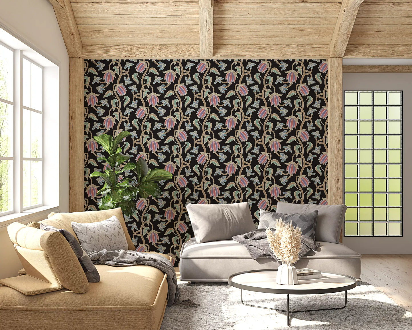 Living room interior using Ophelia Boho Blossoms wallpaper black base