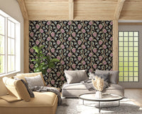 Living room interior using Ophelia Boho Blossoms wallpaper black base