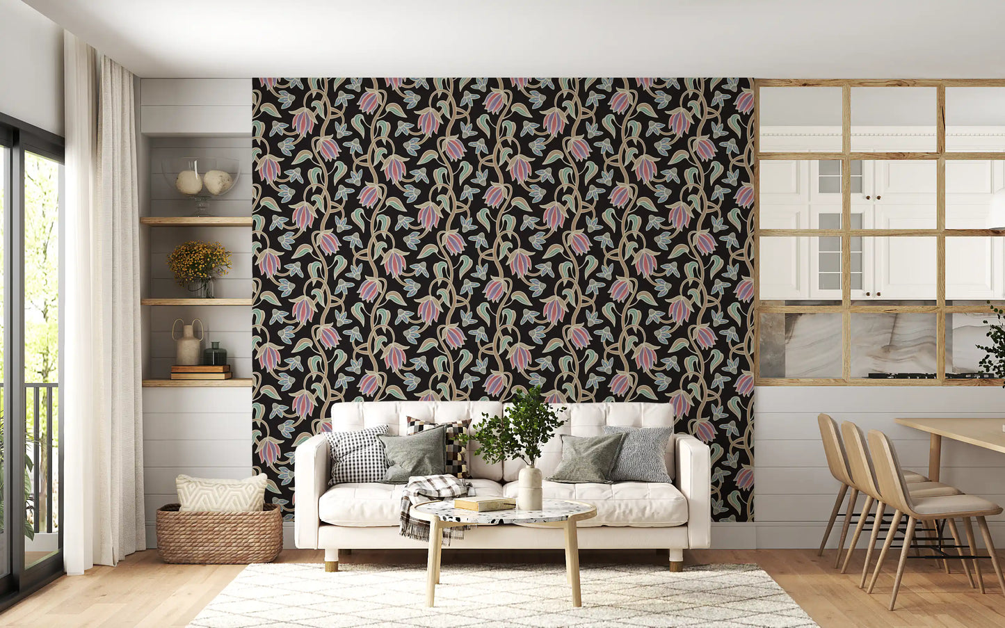 Floral wallpaper showing Ophelia Boho Blossoms soft pastel detailing