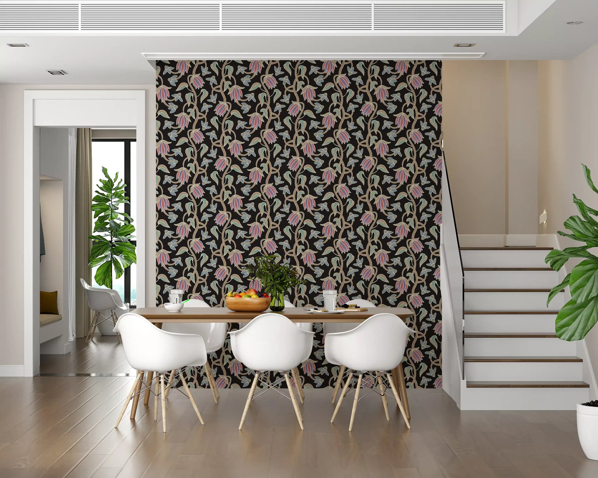 Dining area wall styled in Ophelia Boho Blossoms wallpaper soft pastel vines