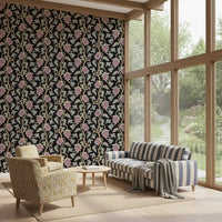 Dark base wallpaper featuring Ophelia Boho Blossoms flowing vine pattern
