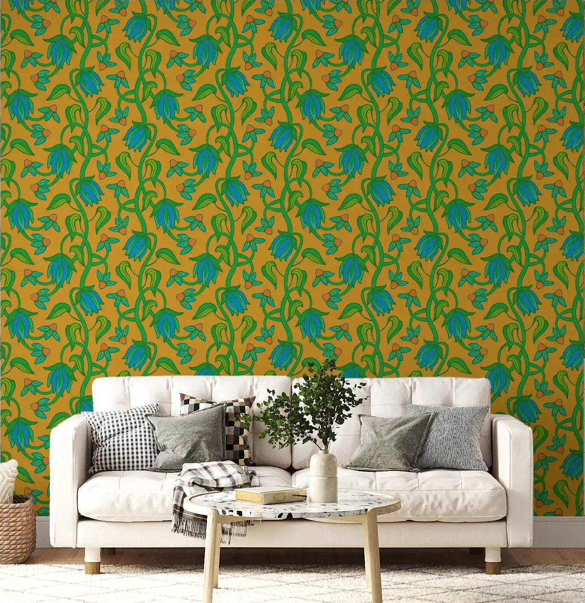 Ophelia Boho Blossoms wallpaper with blue green vines on mustard base