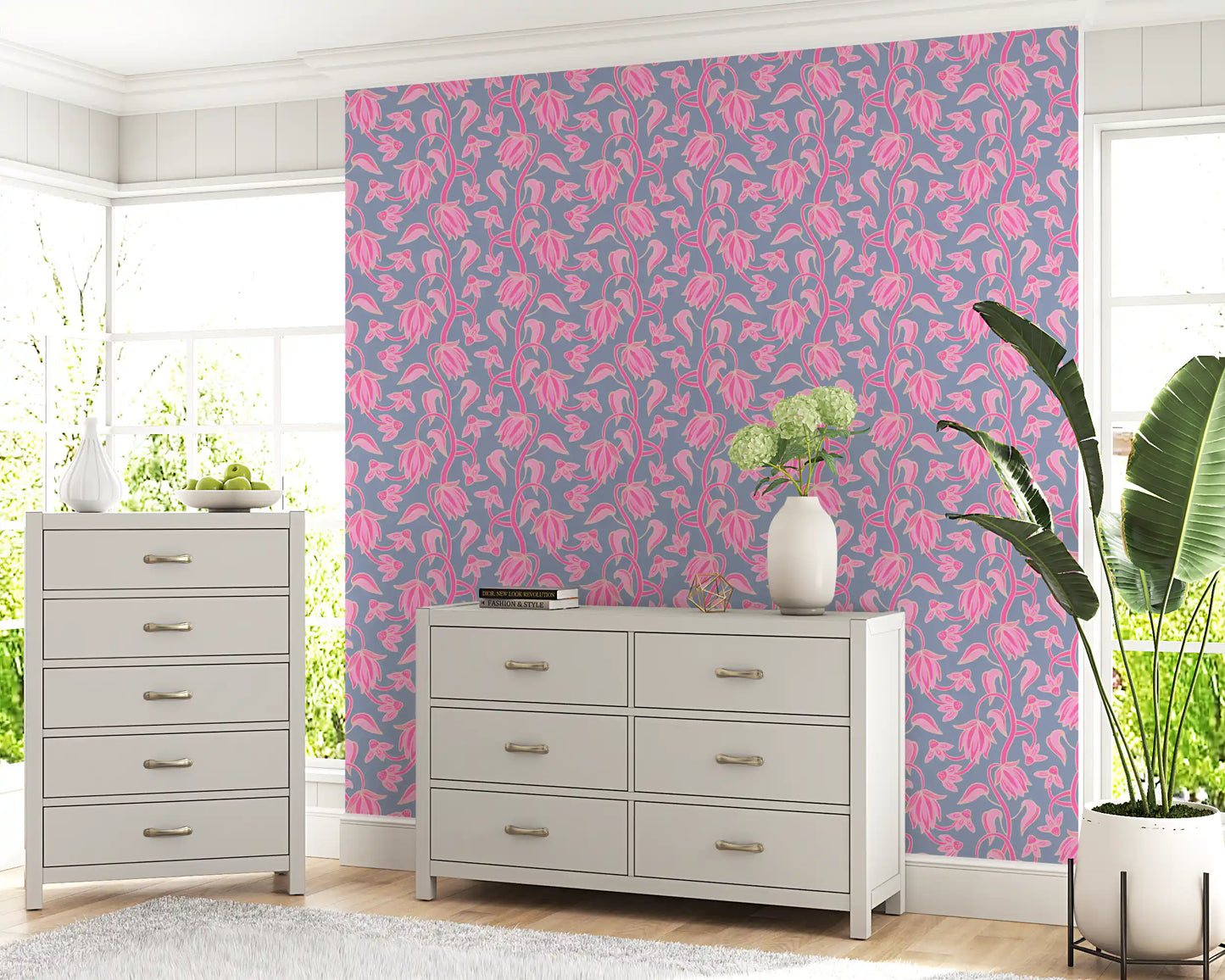 Lavender base wallpaper featuring Ophelia Boho Blossoms pink blooms