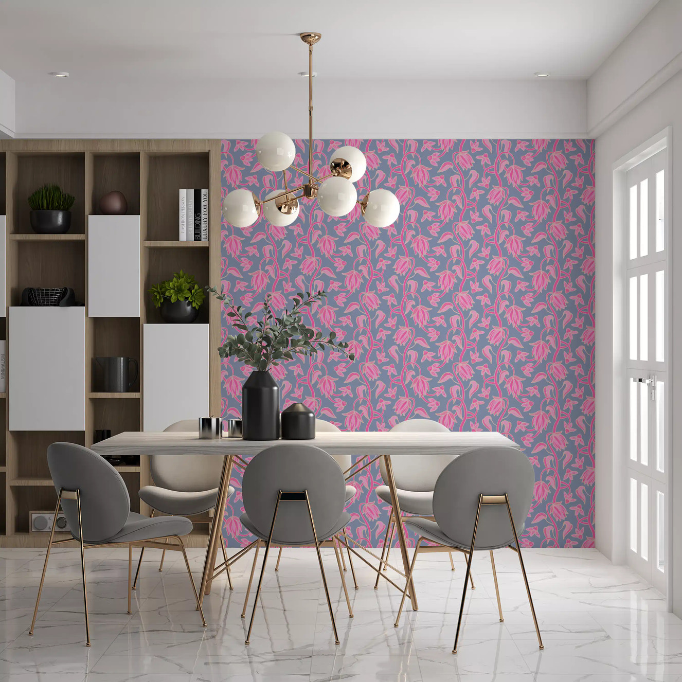 Ophelia Boho Blossoms wallpaper with pink vines on lavender background