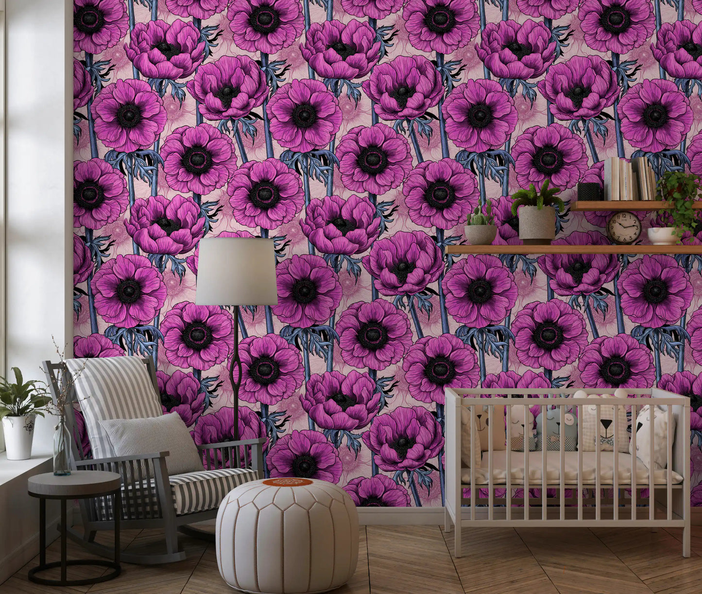 Play area with Pink Anemone Garden wallpaper detailed floral pattern
