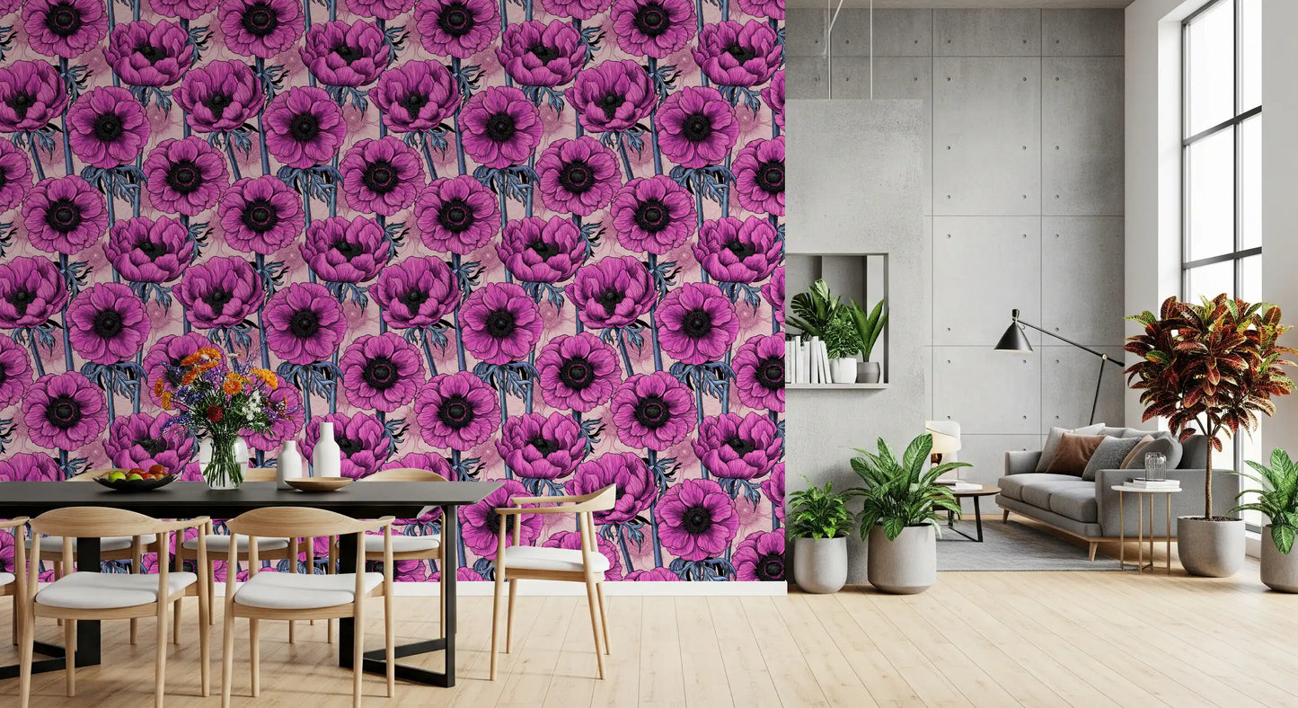 Botanical wallpaper featuring Pink Anemone Garden layered flower petals