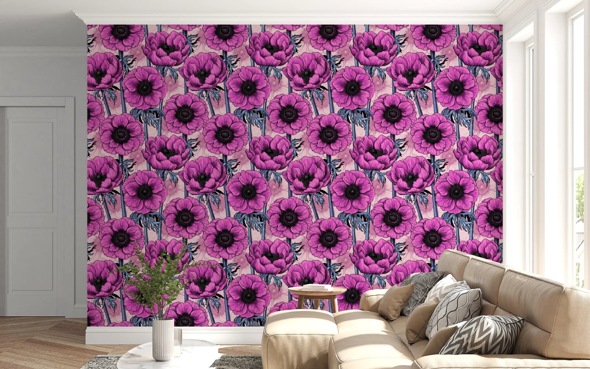 Detailed anemone pattern wallpaper with Pink Anemone Garden design