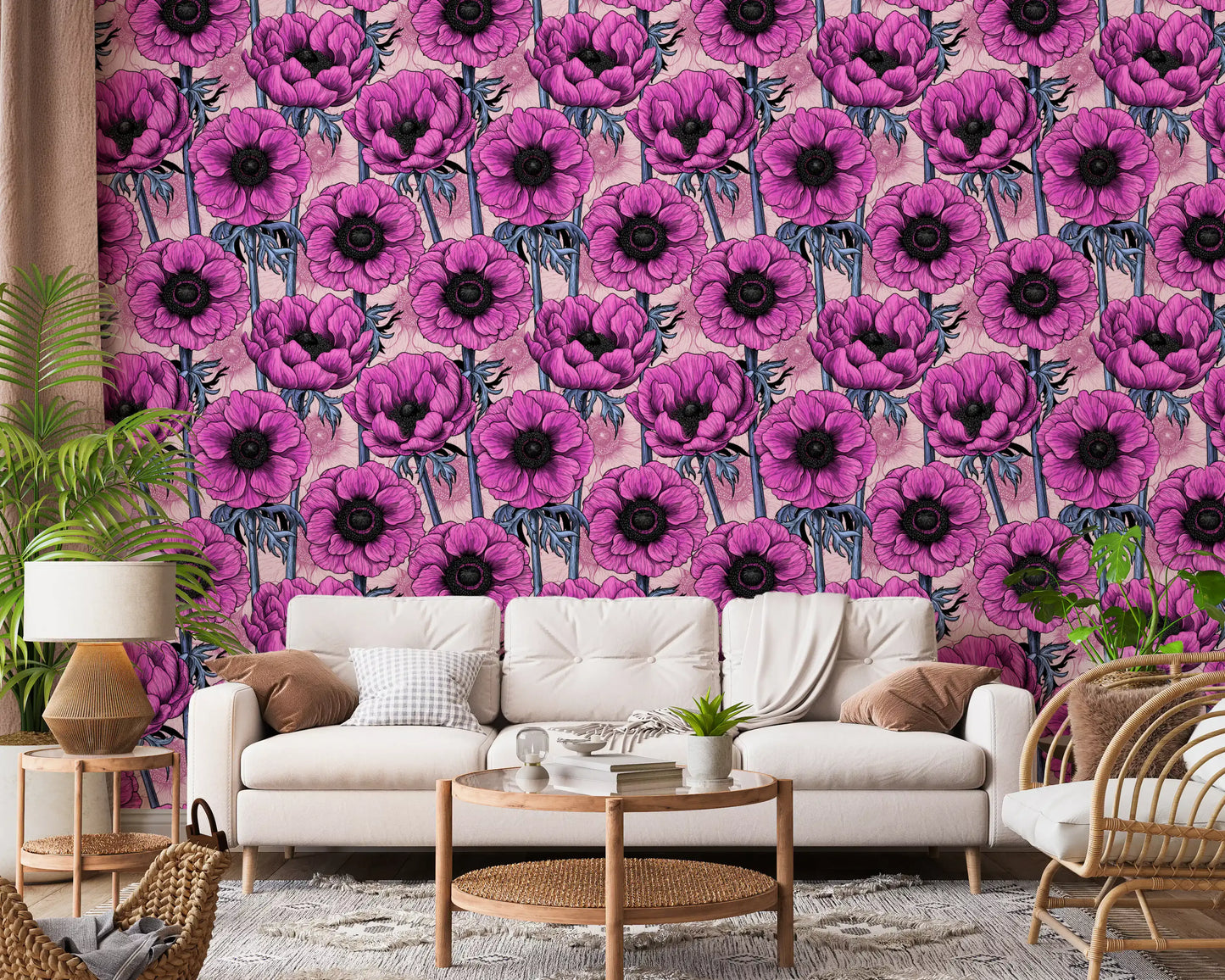 Workspace styled in Pink Anemone Garden wallpaper soft pink theme