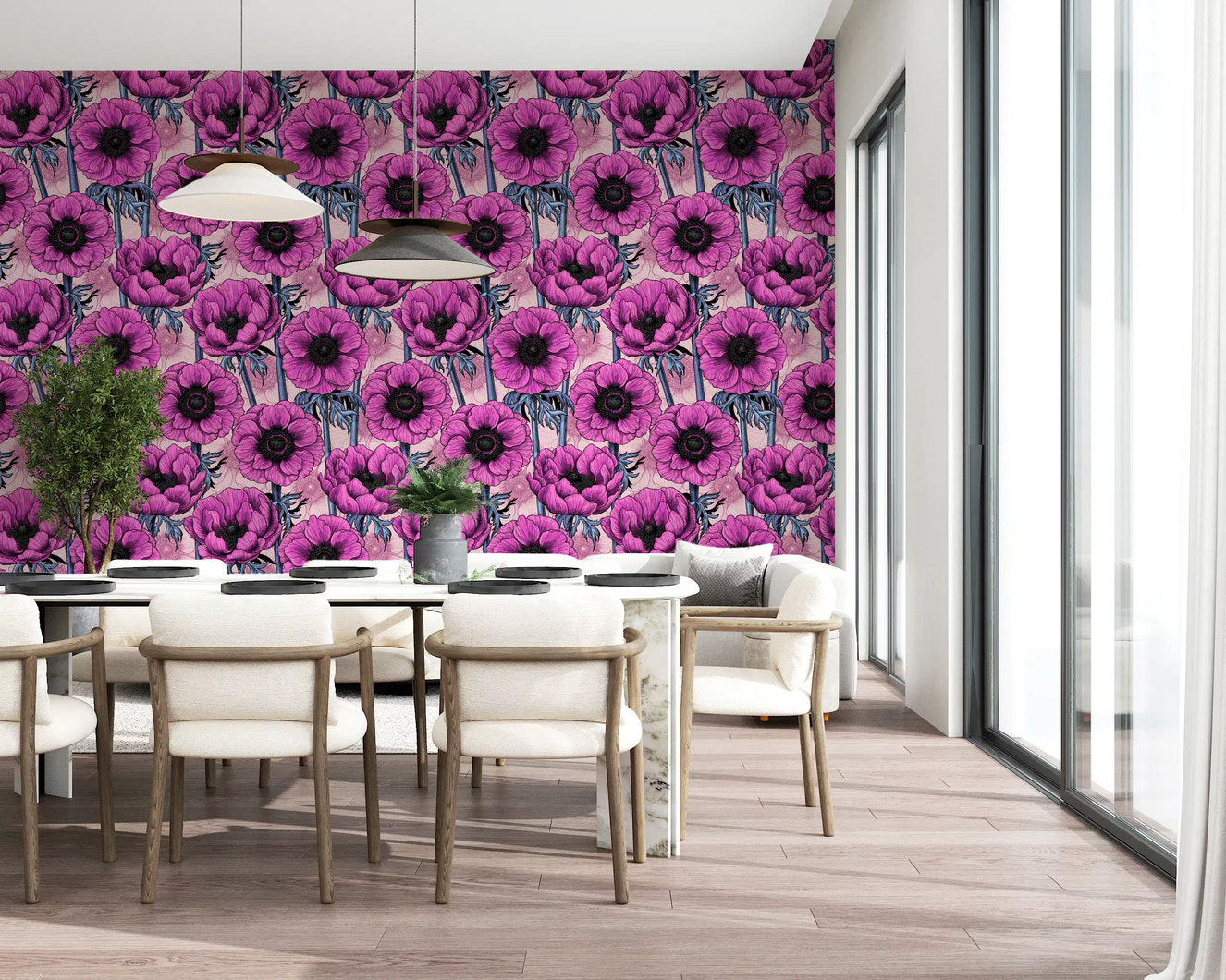Pink Anemone Garden wallpaper with bold floral outlines on light pink base
