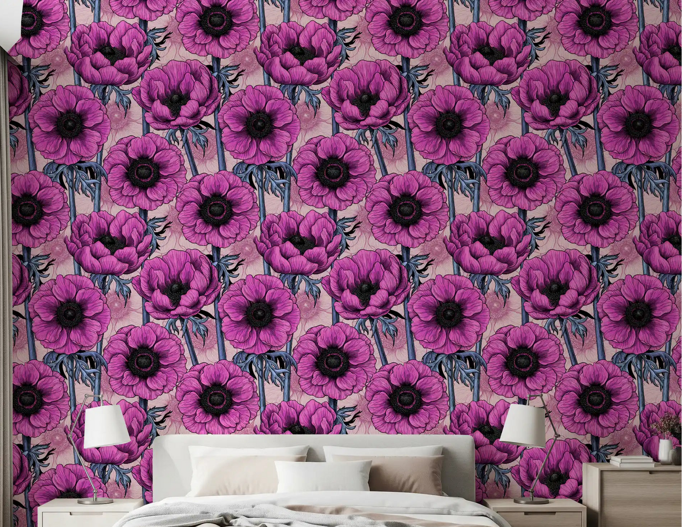 Bedroom styled with Pink Anemone Garden wallpaper soft blush floral backdrop