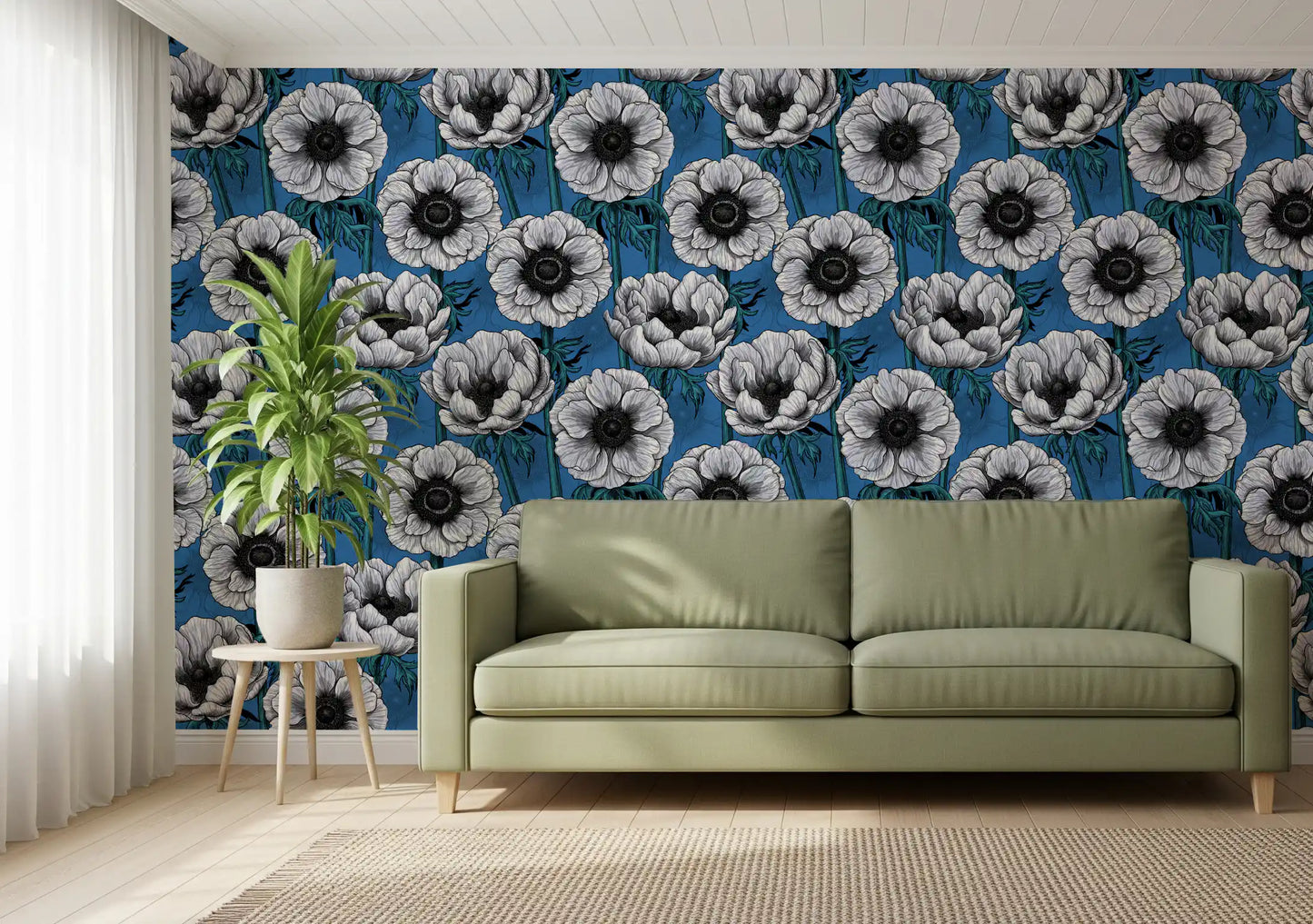 White Anemone Garden wallpaper with white blooms on deep blue background