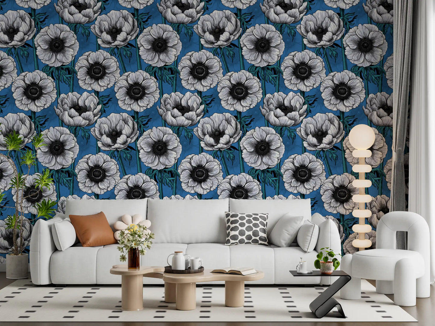 Living room styled using White Anemone Garden wallpaper blue floral backdrop
