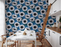 Floral pattern wallpaper showing White Anemone Garden blue base design