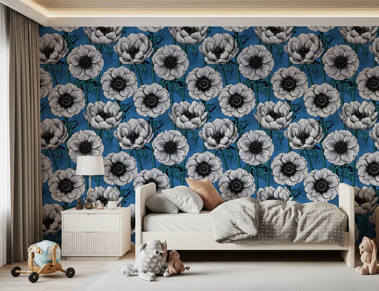 Bedroom setup with White Anemone Garden wallpaper soft botanical pattern