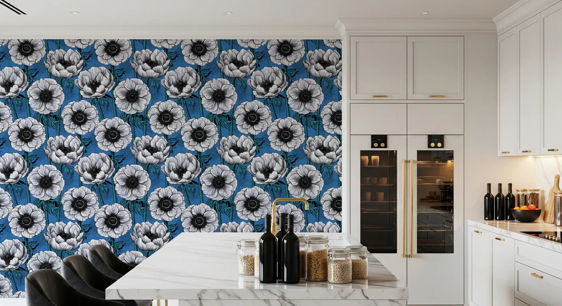 White Anemone Garden wallpaper with structured stems and large flowers