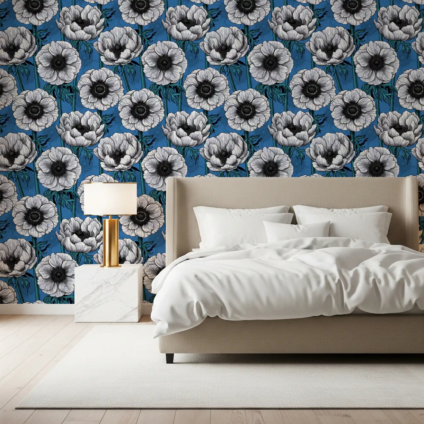 White Anemone Garden wallpaper with bold contrast and line art texture