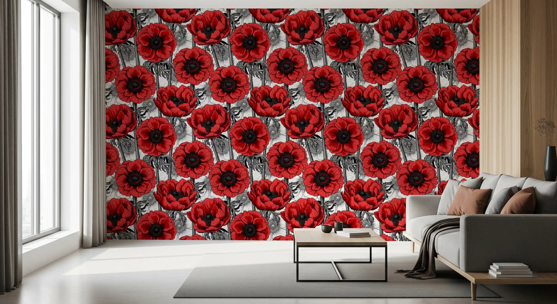 Floral pattern wallpaper featuring Red Anemone Garden on White