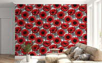 Botanical wallpaper showing Red Anemone Garden on White flowers