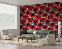 Modern floral wallpaper featuring Red Anemone Garden on White